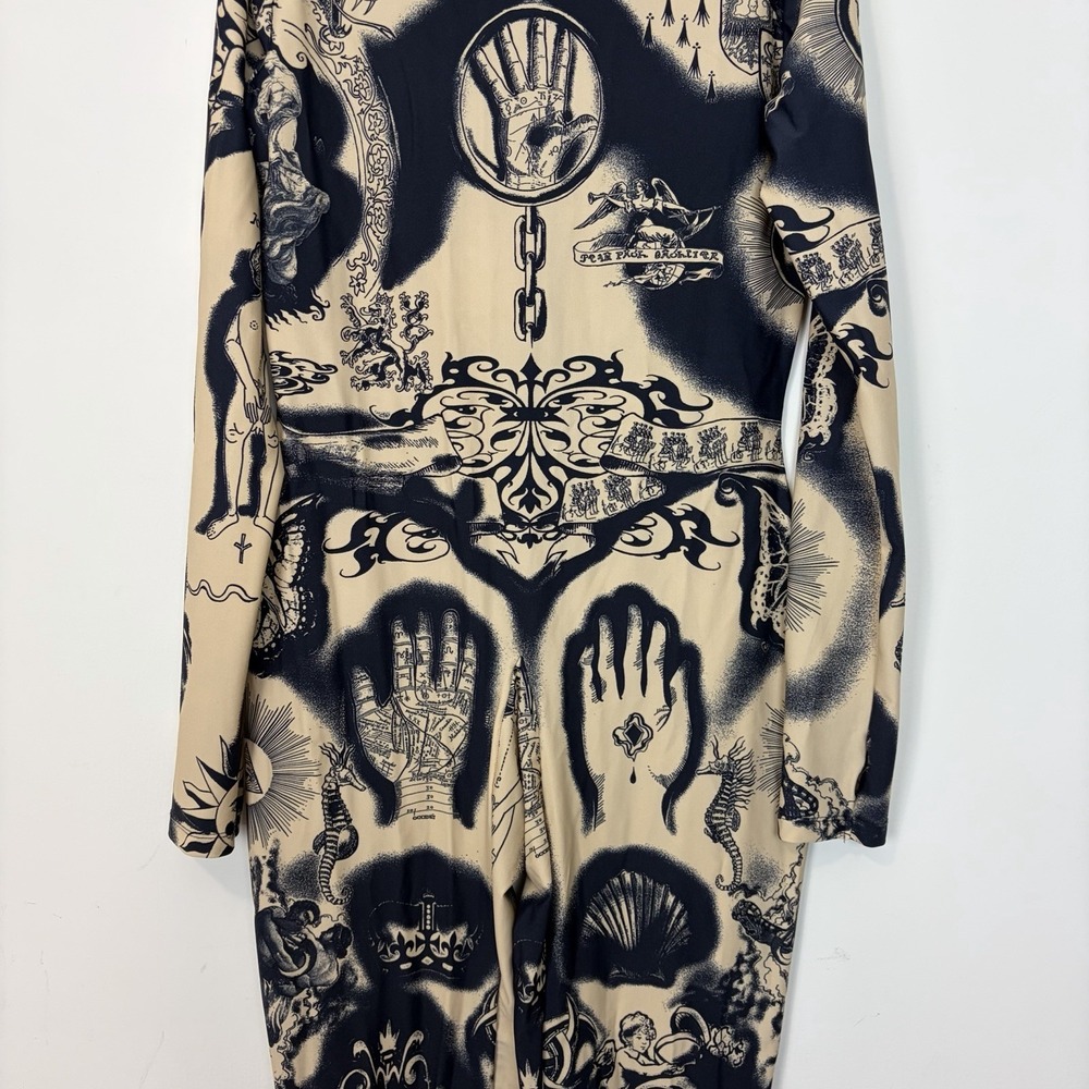 Jean Paul Gaultier Printed Heraldique Long Sleeve High Neck Catsuit XXL Cream - Picture 12 of 16